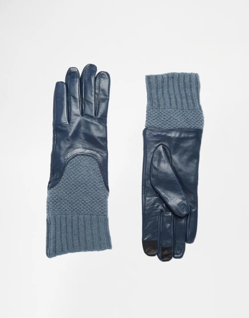 Ladies navy blue leather gloves with long knit cuff touch screen leather gloves