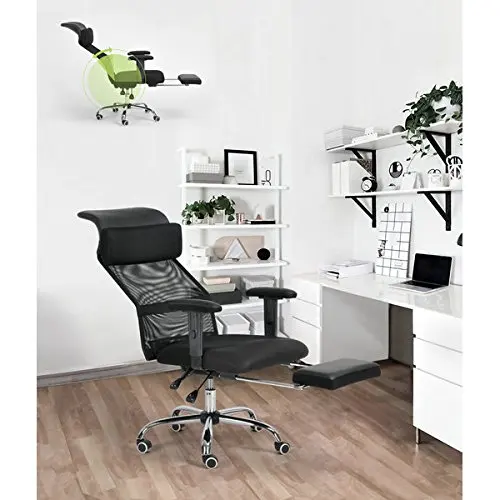 Black Executive Recliner Office Chair Mesh High Back Tilting Function Adjustable Swivel Home Computer Desk Chair Napping with Footrest