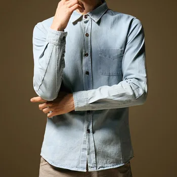 Los Hombres De Manga Larga Vintage Retro Piedra Mono Denim Hombres Camisetas De Manga Larga Camisas De Hombre Retro