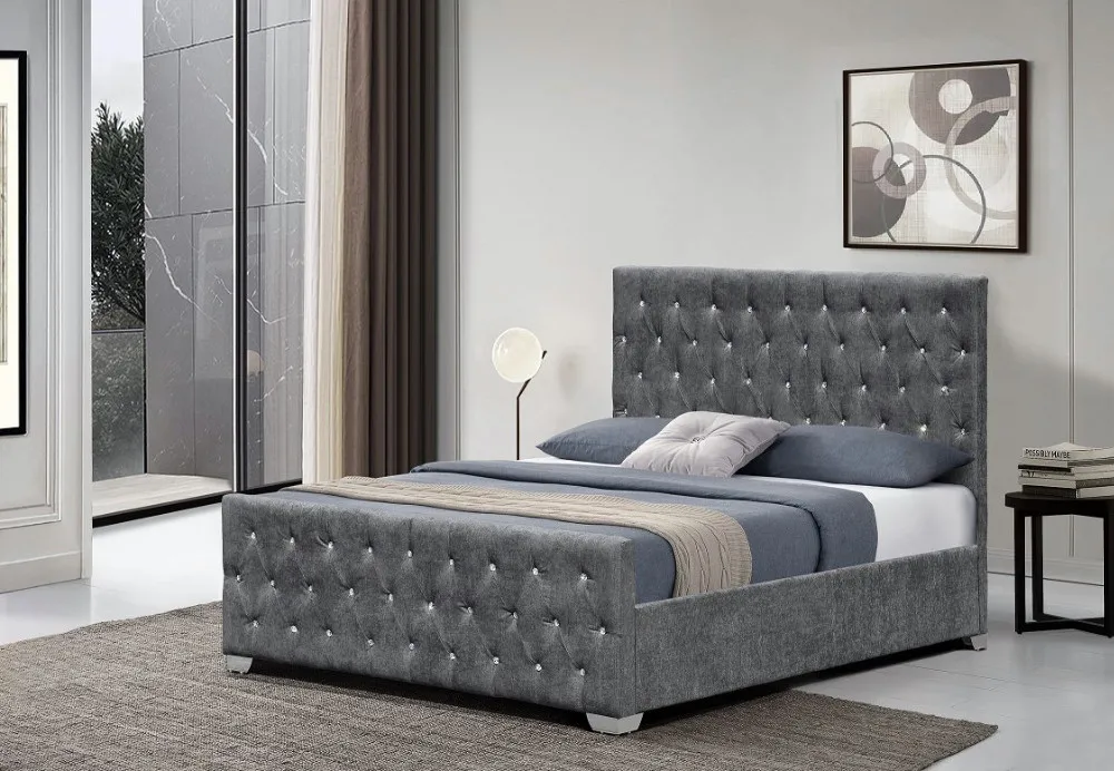 Cama Tapizada De Tela De Terciopelo Con Diamantes De Estilo Francés Con