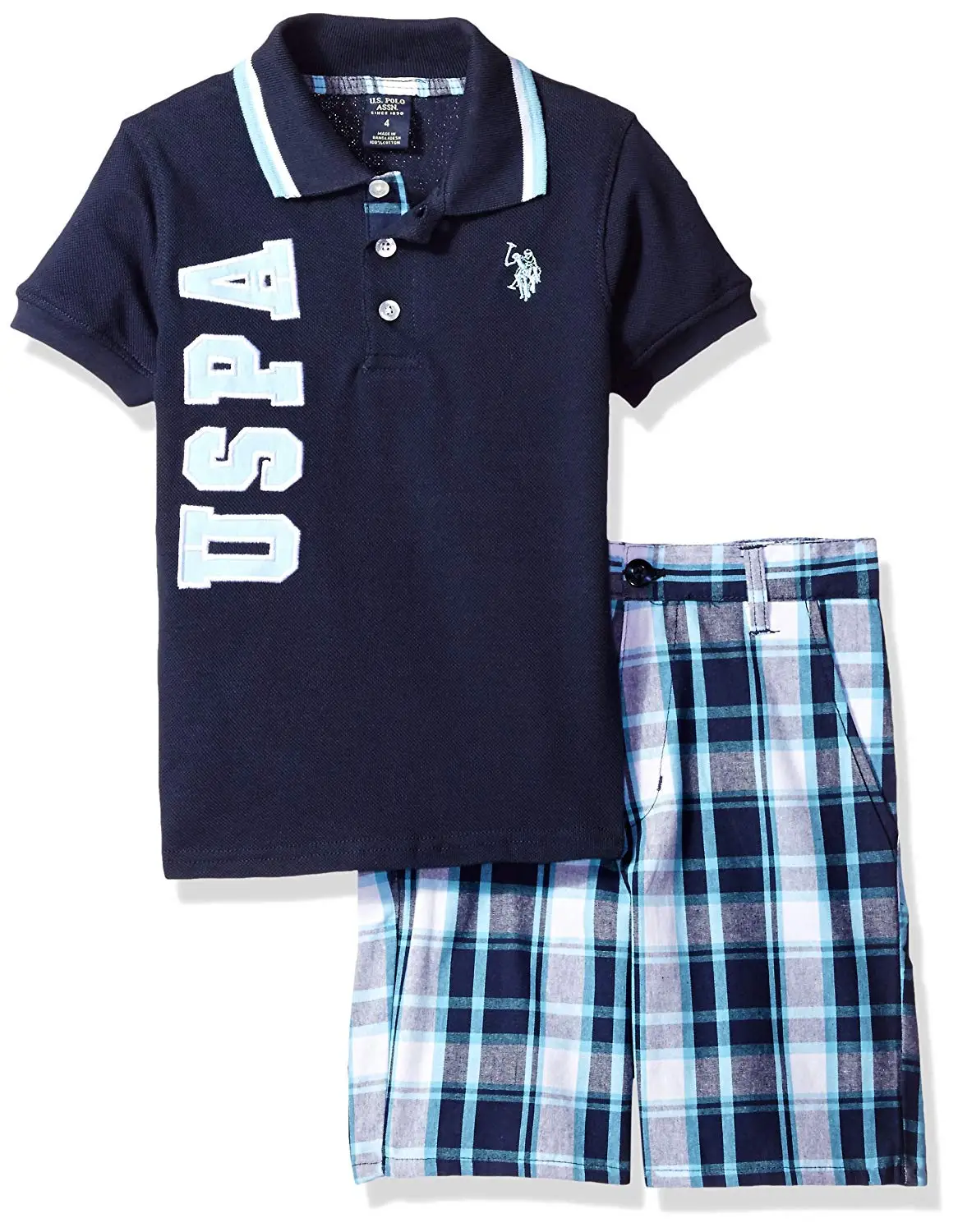 U.S. Polo Assn. Little Boys' Embellished Pique Polo Shirt and Plaid Short