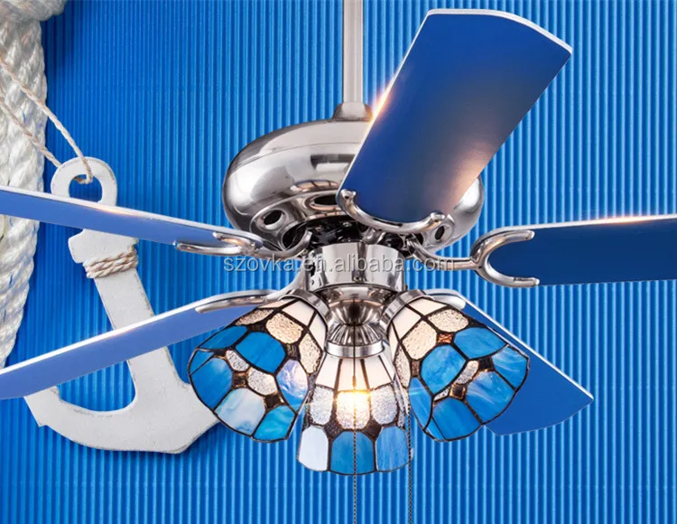 110V tiffany glass shade E27 bulb iron leaf retro bronze ceiling fan lights for bedroom
