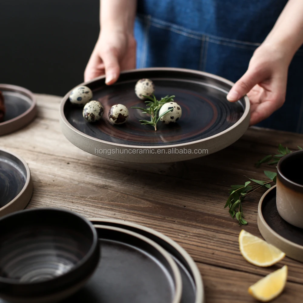 5-Piece Ceramic Brown Vintage dinner set, handmade stoneware dinnerware plates set, 