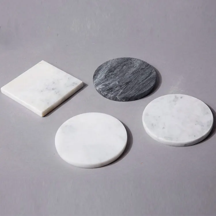 Cloudy white real marble hexagon coaster set with bamboo holder