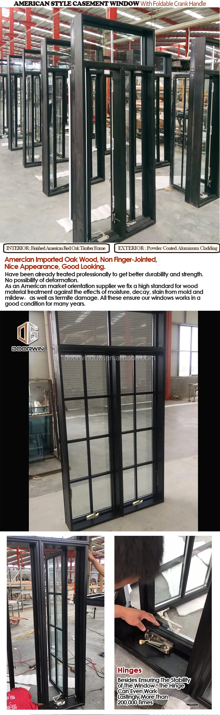 American NAMI/AAMA/CSA/WDMA Certified wood clad aluminum grill design crank open window