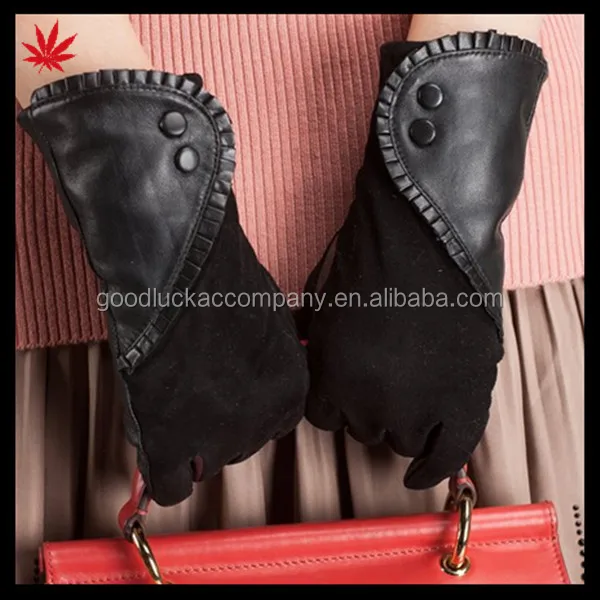 women suede leather gloves with Button detail