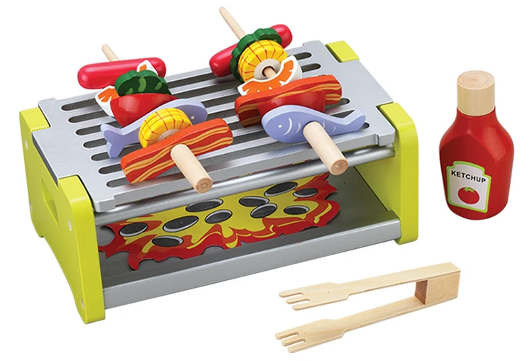 Children Pretend Food Play Barbeque Bbq Set Toy Wooden Kids Play Grill