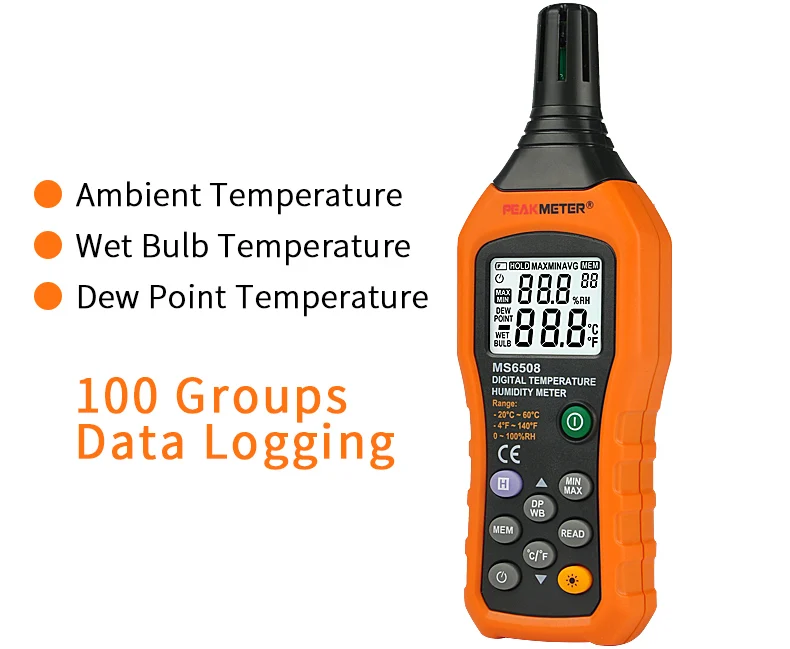 Ambient/ Wet Bulb/ Dew Point Temperature/Relative Humidity Digital Humidity & Temperature Meter MS6508