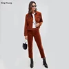 KY corduroy 100%cotton Concealed fly Functional pockets skinny cord women jeans cropped jackets+ Capri pants two pieces sets