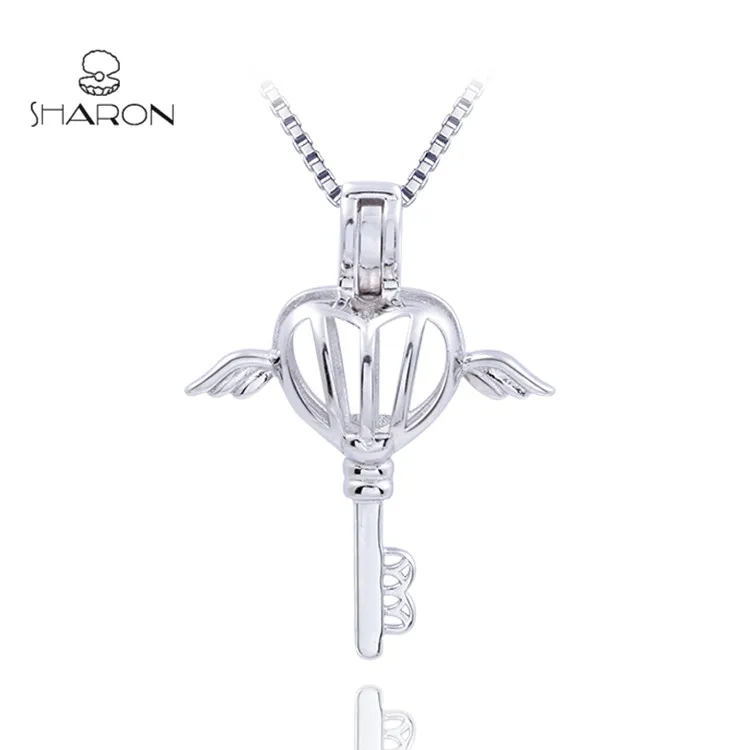 925 Sterling Silver Winged Heart Key Pearl Cage Pendant & Necklace 