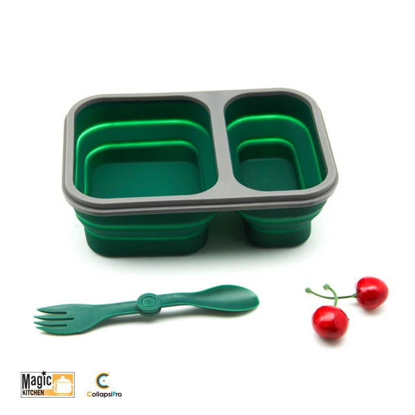 2-Compartment Collapsible Silicone Lunch Box Food Storage Container With Fork Spoon