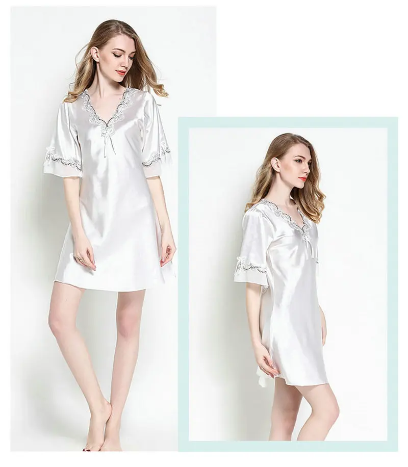 New Women Satin Sleepwear Silk Nightgown Half Sleeve