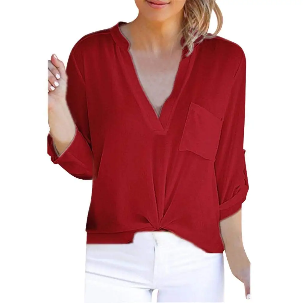 Tops Women Short Sleeve, Women Long Sleeve Solid Chiffon Pocket T-Shirts Casual Loose Tops Tunic Blouse