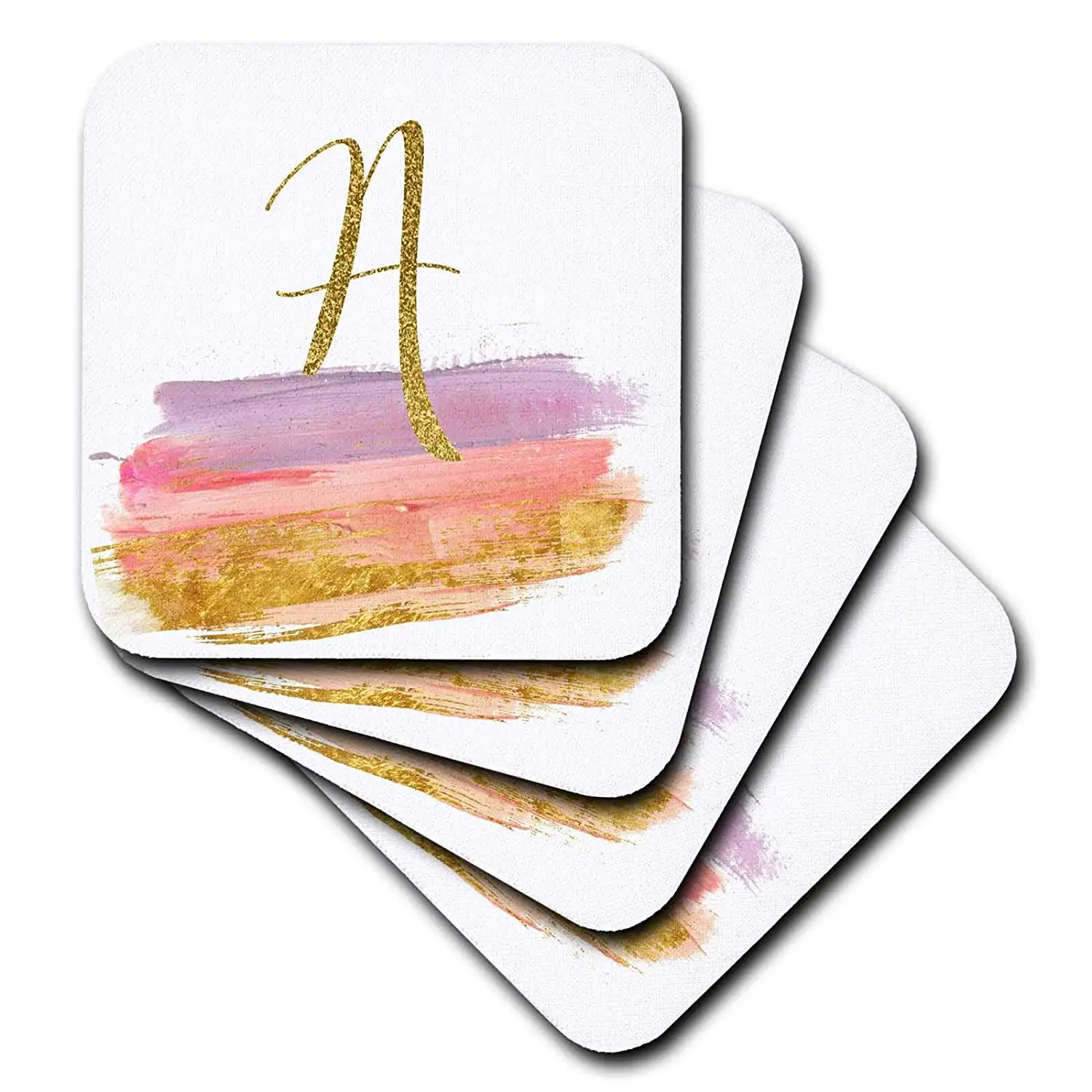 3dRose Anne Marie Baugh - Monograms - Modern Purple, Pink, Gold Brush Strokes Monogram A - set of 4 Coasters - Soft (cst_267745_1)
