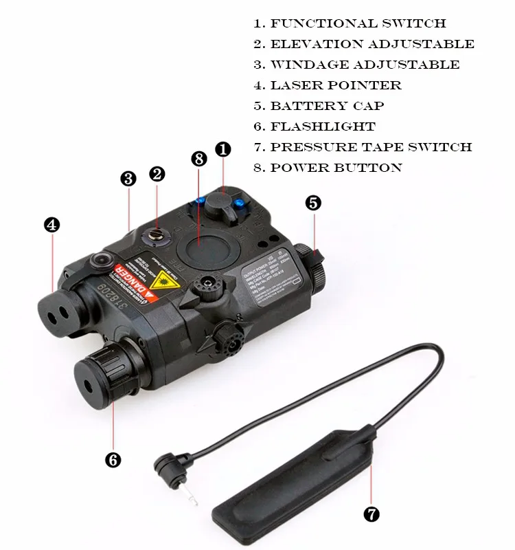 Element tactical hunting aiming AN/PEQ 15 High precision Red Dot Laser integrated with LED Flashlight