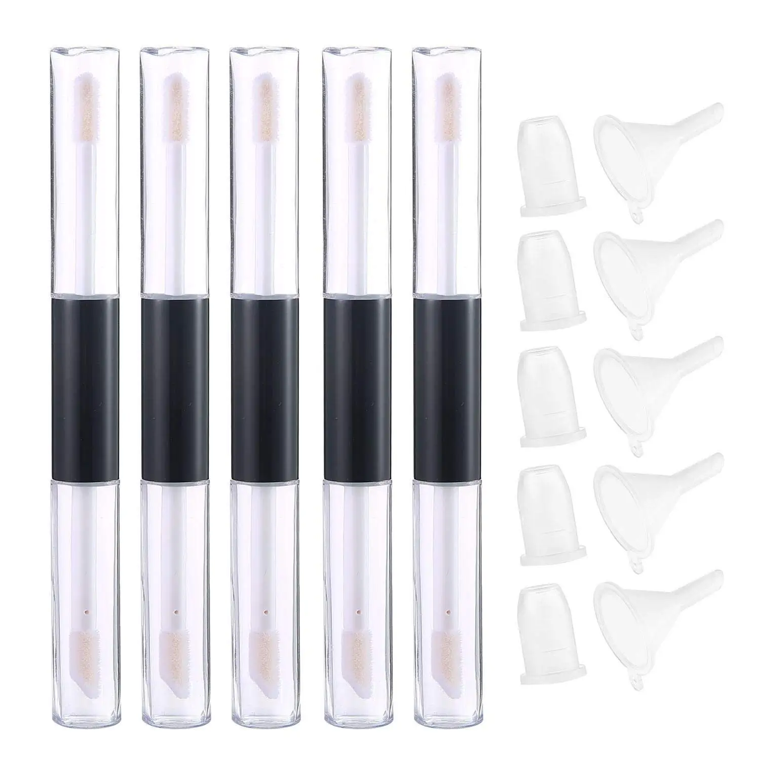 Pawaca 8ml Empty Lip Gloss Tube, Double Ended Refillable Bottle Containers with Funnels and Rubber Inserts Set for Lip Gloss, Castor Oil Travel Split Charging DIY, Pack of 5