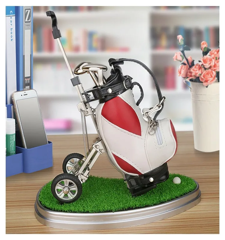 Custom Logo Printed Mini Golf Bag Cart Pens Holder With 3 Ballpoint