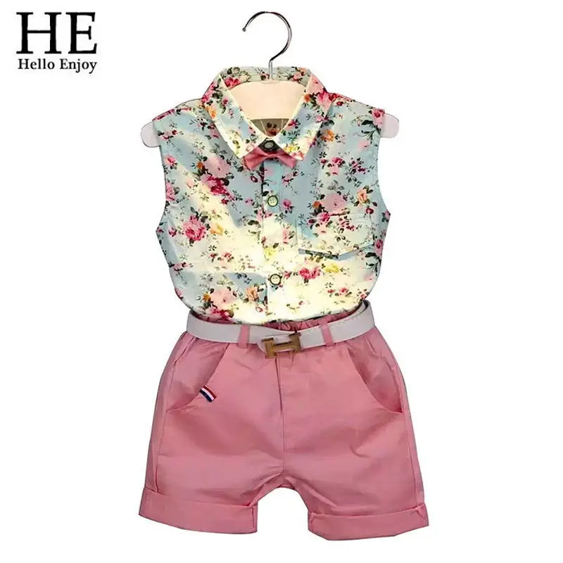 Children clothing casual sleeveless summer style baby boys girls Shirt shorts belt 3pcs suit children clothing