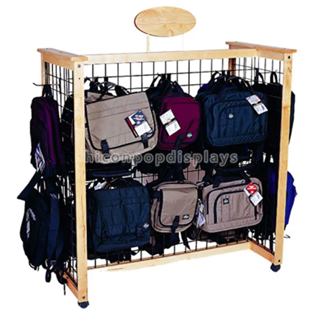 Custom Bag Retail Store 4-way Movable Wooden Handbag Hanging Display Stand
