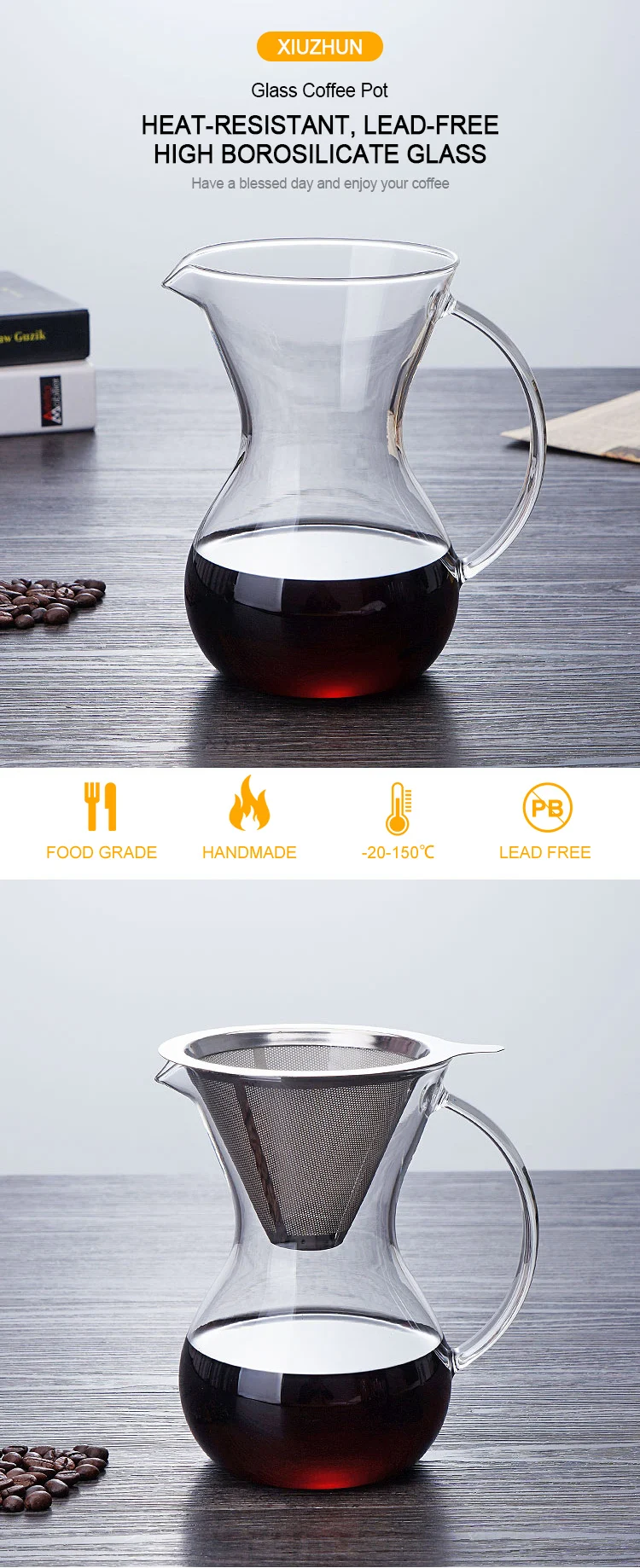 Convenient cleaning glass pour over coffee maker set with high drip coffee filter