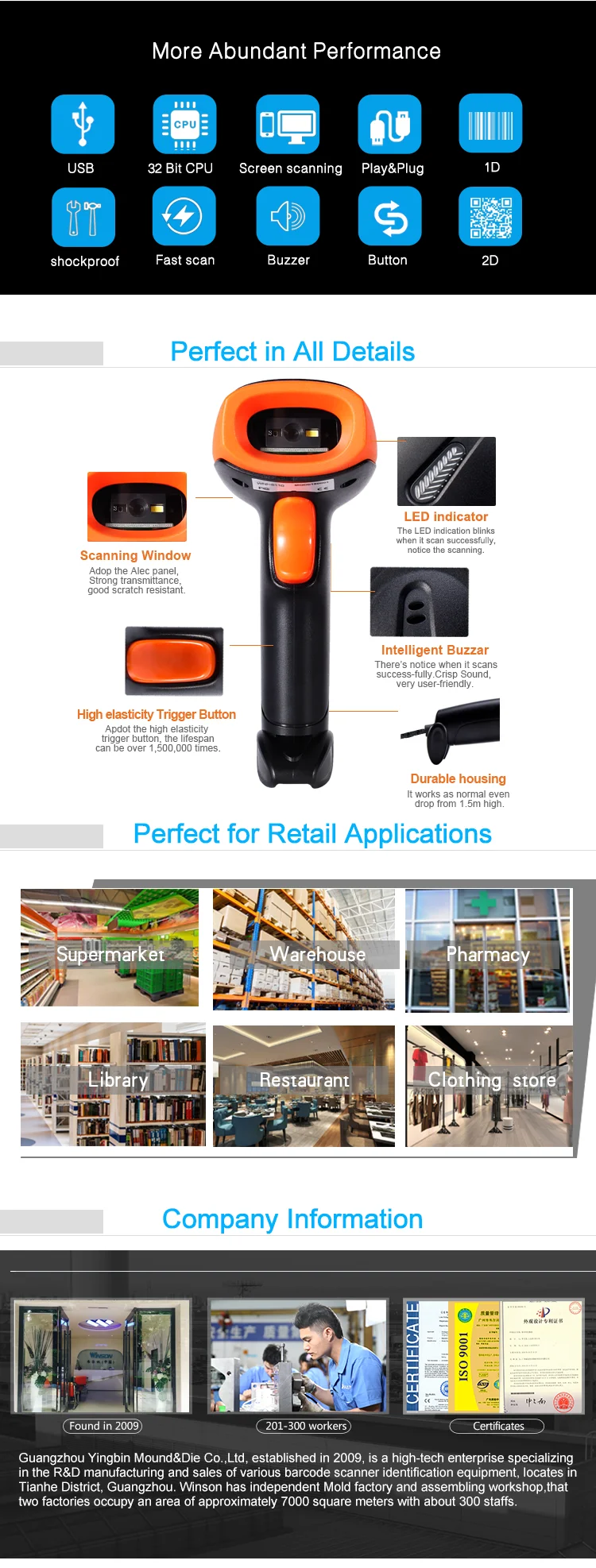 Winson WNI-5010g Supermarket QR Code Scanner 2D Handheld Code Reader USB