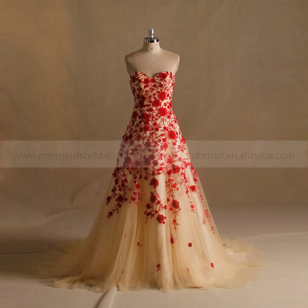 A Line Lace Red Gold Wedding Dress Pictures - Buy Red Gold ...