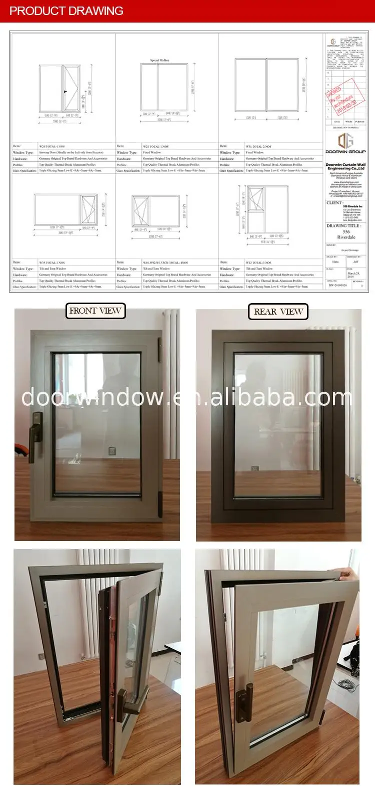 Double tempered glazing aluminium profile cladding wood tilt turn windows