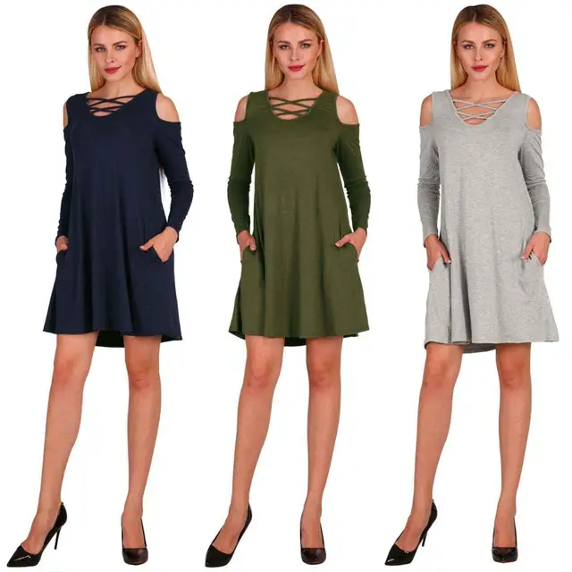 shoulder pleated skirt long sleeved autumn stretch cotton dress