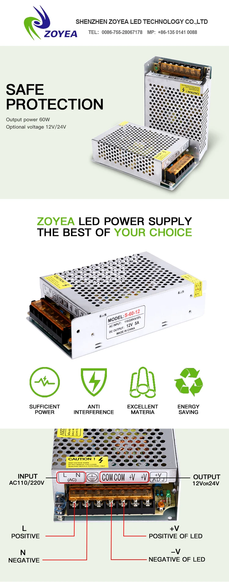 Switching Supply Low Temperature High Safety Power Switching Switching Power Supply for Industrial Automation Electronic Components AC100-240V, Transl 5V/12A/60W S-60-5