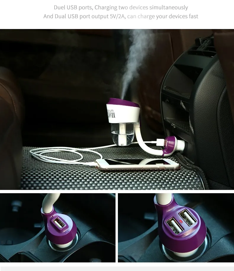 Car Humidifier 2.1a Dual Usb Emc Ce Rohs 12v Mini Portable Air Purifier