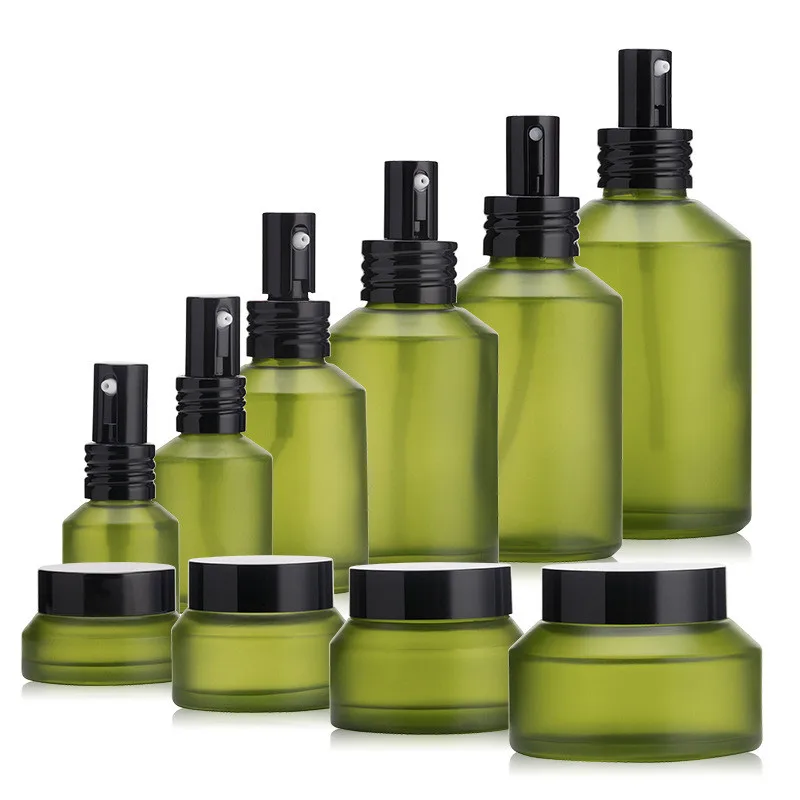 Luxury Round Cosmetic Container Frosted Green Glass Bottle 15ml 30ml