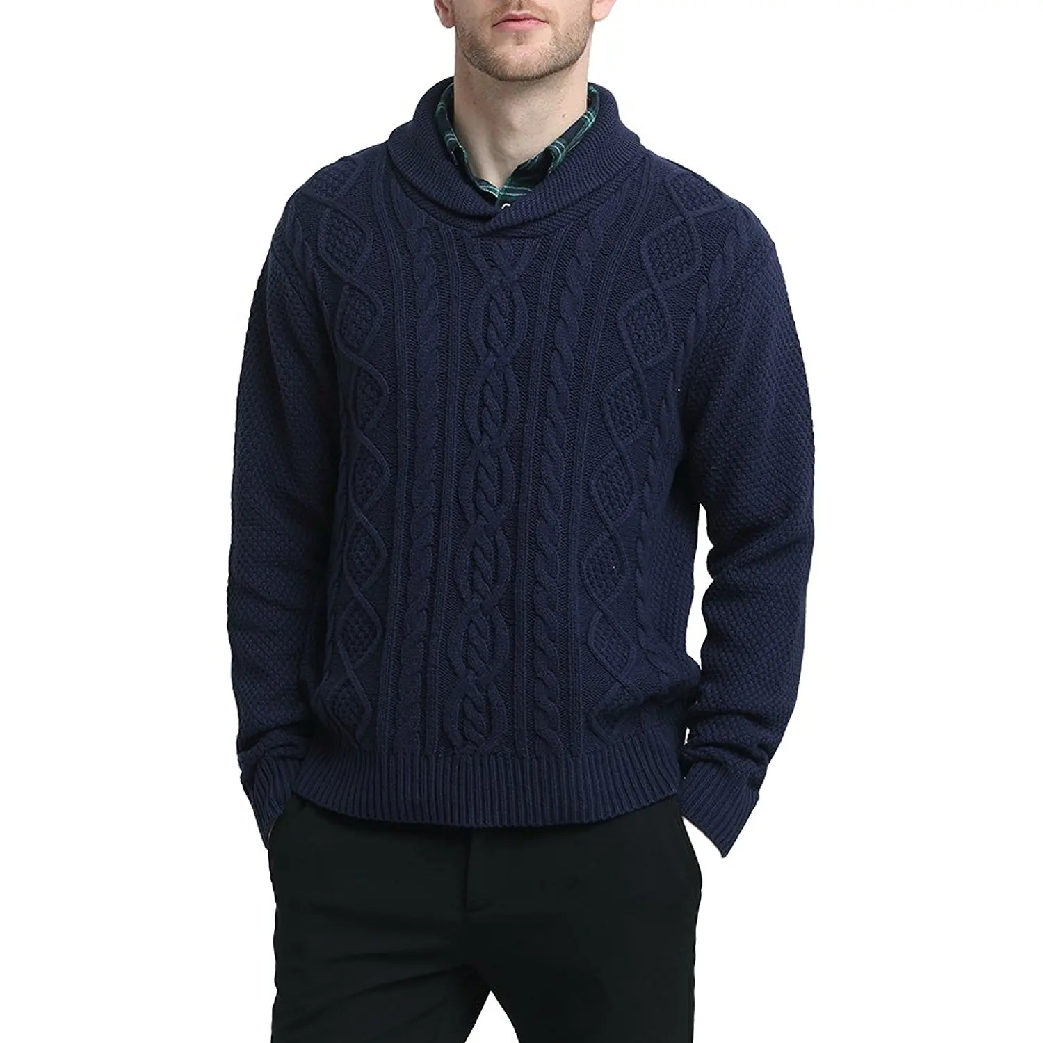 Kallspin Mens Relaxed Fit Solid Shawl Collar Sweater Pullover Cable Fisherman