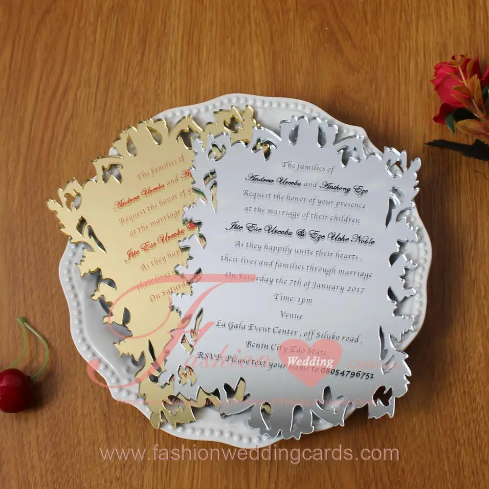  Custom Gold Mirror Engraved Shining Acrylic Wedding Invitation