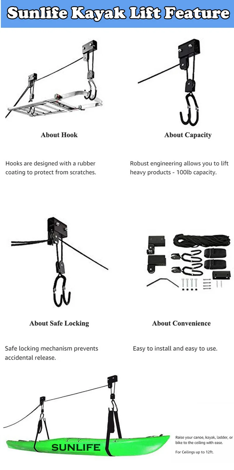 Kayak Hoist Canoe Boat Bike Lift Hoist System Kayak Ceiling Storage Rack Bicycle Rack With 15m