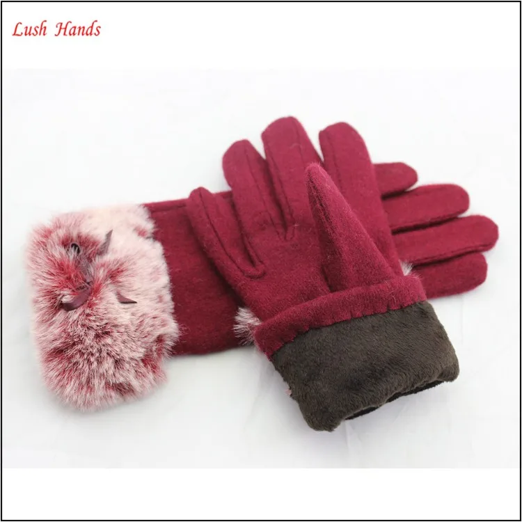 ladies winter warm red woolen hand gloves with fur
