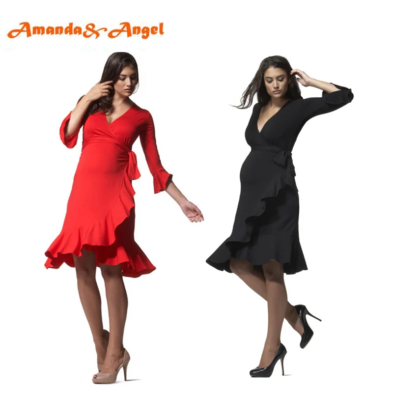 Amanda Angel Evening Maternity Dress Flounce Sleeve V neck Baby Shower Cocktail Dress Pregnancy Black Red