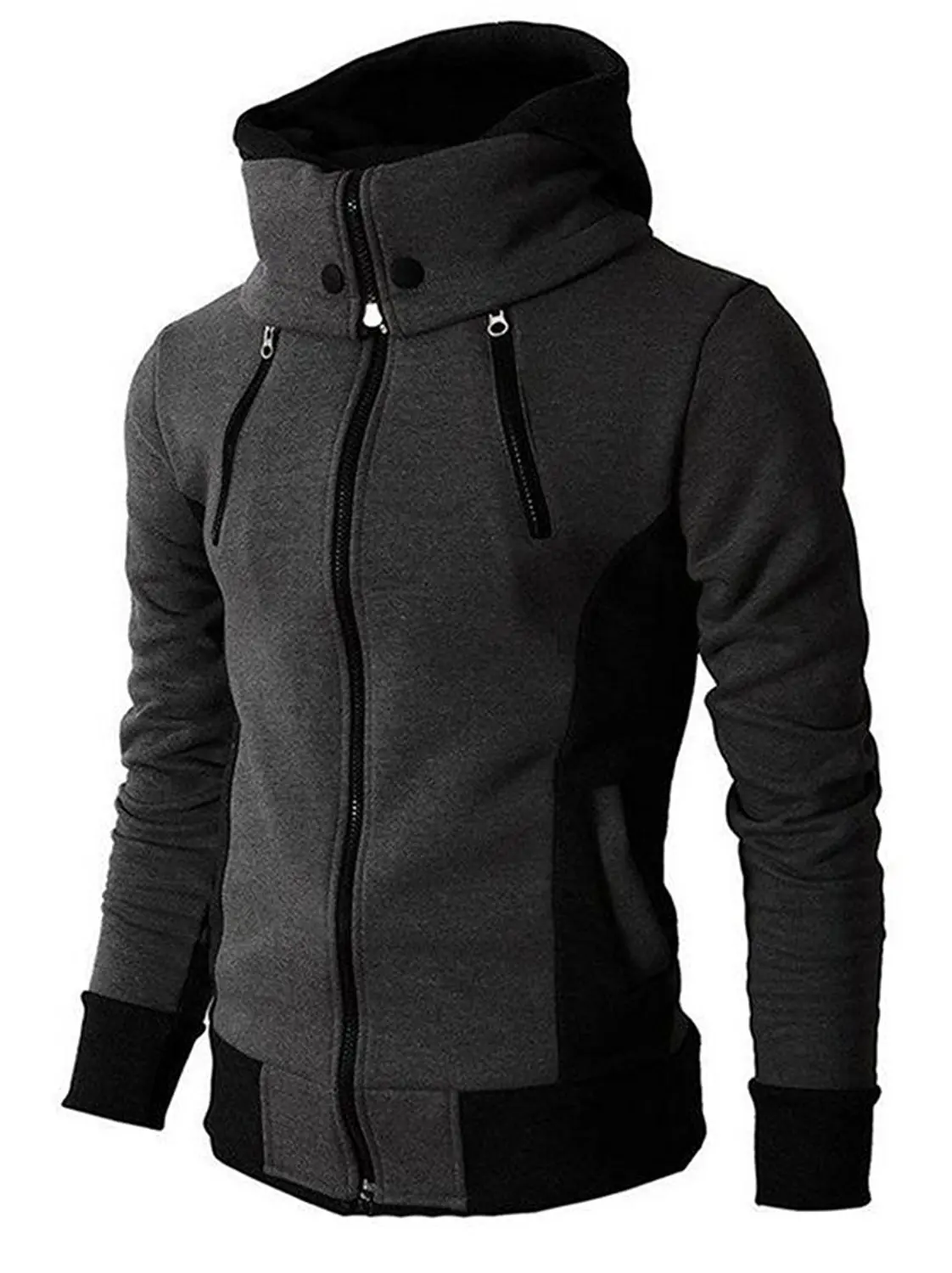 Zantt Mens Double Zipper Long Sleeve Pockets Zipper Jacket Hoodies Sweatshirt