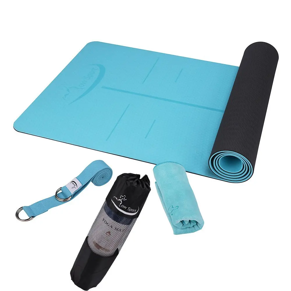 Hot Yoga Mat Set by Low Sport - 100% TPE Yoga Mat, Strap & Carrying Bag + Free Bonus Yoga Hand Towel. Non Slip, Eco-Friendly,Super Elastic,Yoga Mats For Women & Men, Alignment Line-Blue,Pink,Turquoise
