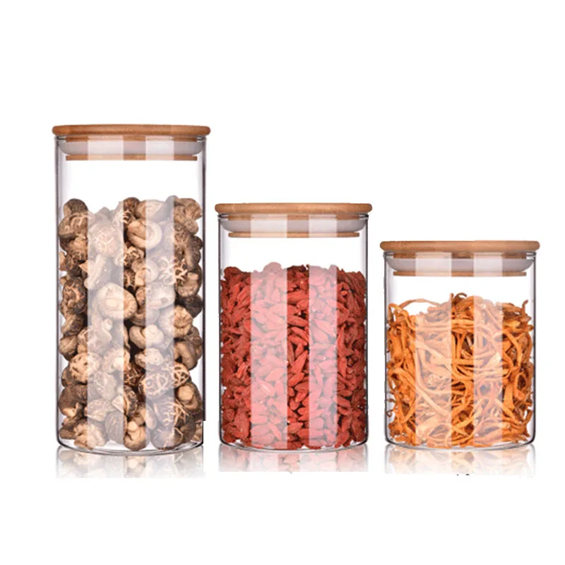 Custom hot sale reusable Heat Resistant Borosilicate Glass Storage Jar with Wooden Lid