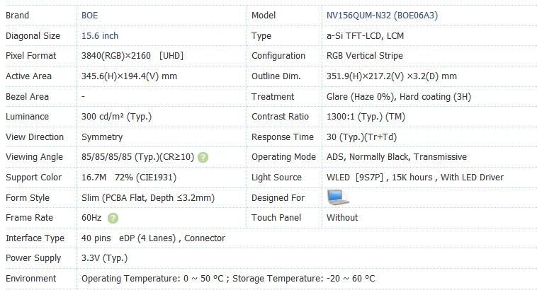 WLED Backlight 15.6 Inch LCD Screen Display NV156QUM-N32 EDP 30 PIN Interface