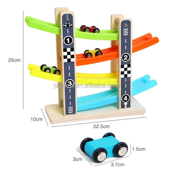 Wooden Race Car Ramp Set - 4 Lanes for Kids' Fun & Learning