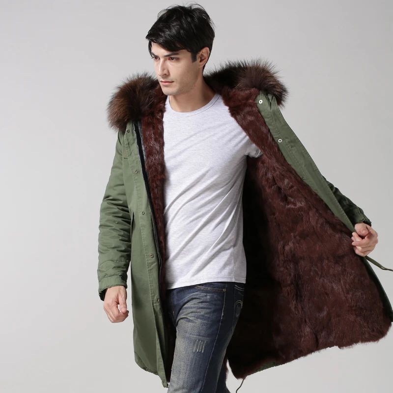 2017 Red Brown Long Style Rabbit Parka Winter Real Lining Fur Mens ...