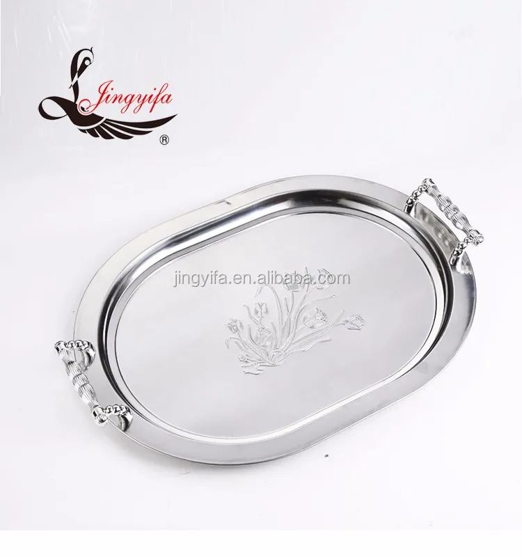Oval Stainless Steel Food Serving Tray Bbq Tray Buffet Tray With Handle