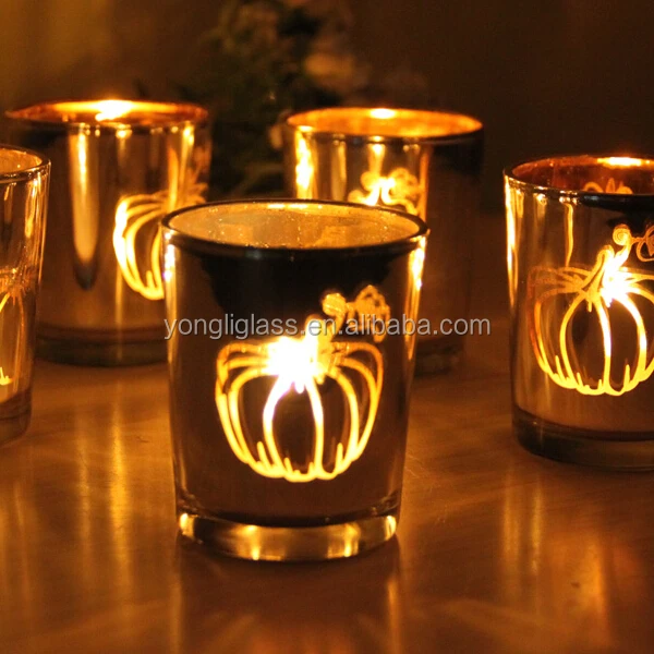 2015 New product western candle glass cup/ plating votive candle glass cup/ tealight holders with Halloween pumpkin printing
