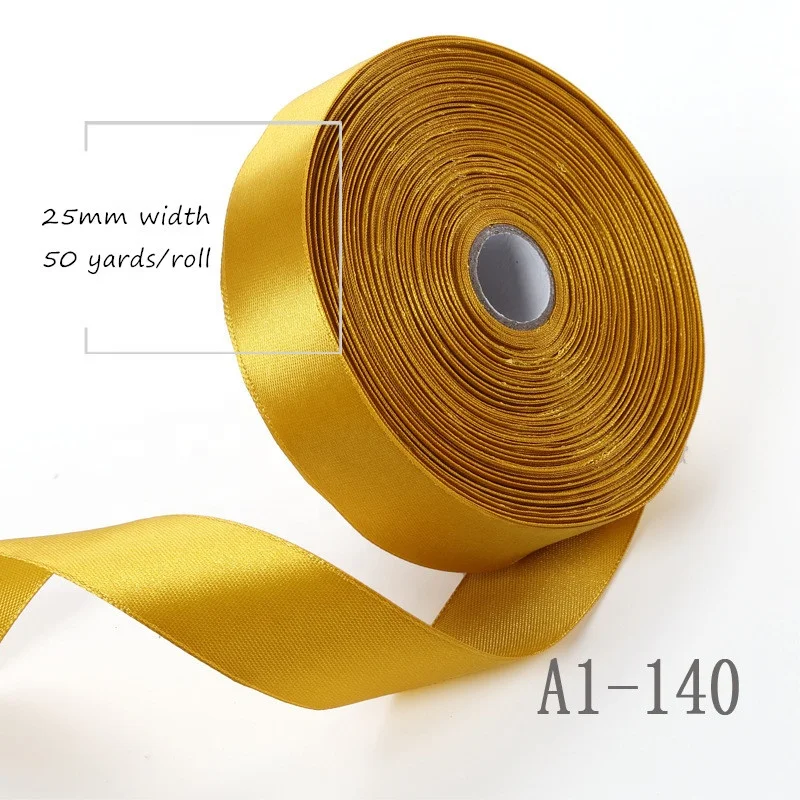 2 x Full Rolls 25mm Satin Ribbon 82ft Spools Yellow & Antique Gold 