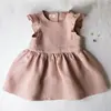 girl fashionabie solid linen baby flutter sleeve custom baby dress