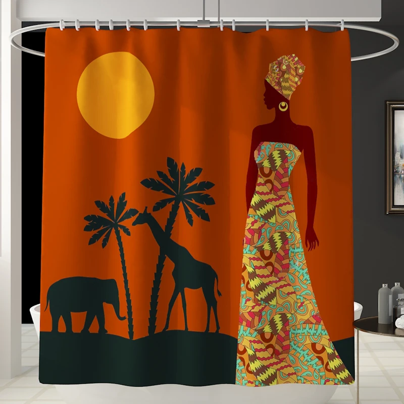 African Women Printing Toilet Pad Cover Bath Mat Shower Curtain Set Four-Piece Set