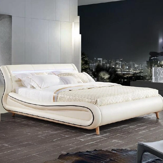 2020 New design white leather kingsize queen size couple bed with under LED light on sale