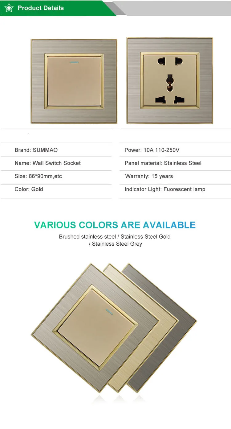 MF 13A Wall Socket Stainless Steel With 2.1A USB Port 5 Plug Universal Socket With Indicator