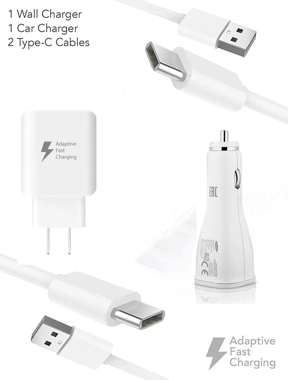 Quick Adaptive Turbo 18W Wall & Car Dual-Port USB Kit Works for ZTE Axon 9 Pro with (2) USB Type-C Cables!